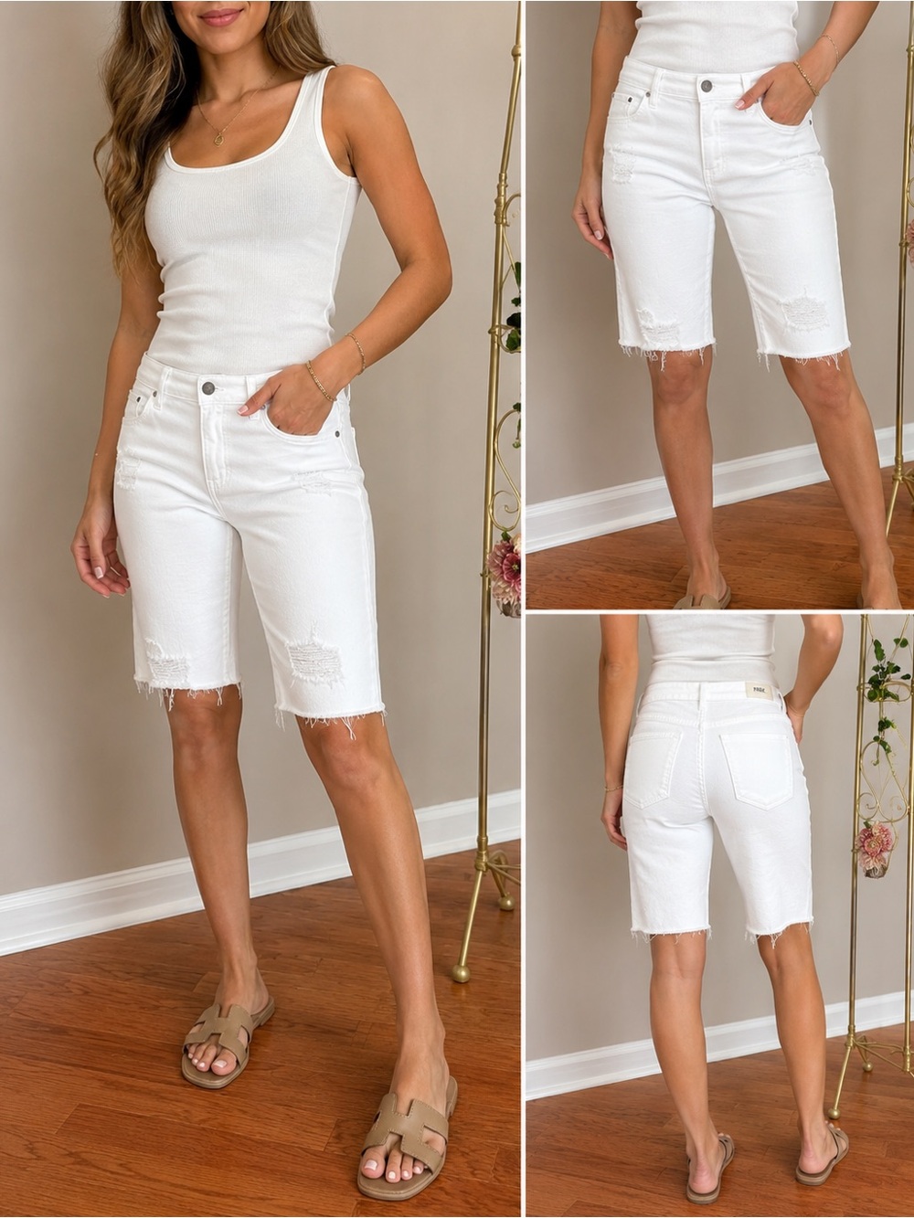 PAIGE White Denim Shorts with Subtle Distressing